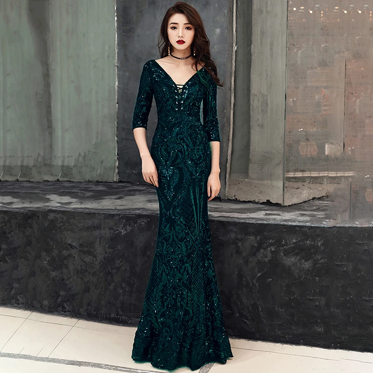 16218#New Sequined Mermaid Evening Dresses Long Sleeve Sexy Off Shoulders Arabic Formal Prom Gowns club dress