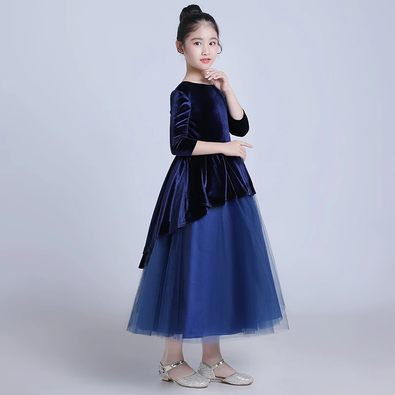 Elegant Blue Color Fabric Children Wedding Dress With Bow Kids O-Neck Sleeveless Gown For Girls