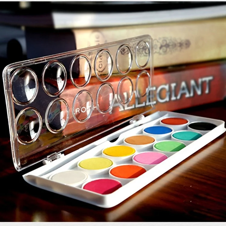Ziyunxuan factory hot selling 12 colors solid watercolor paint palette with transparent PVC box