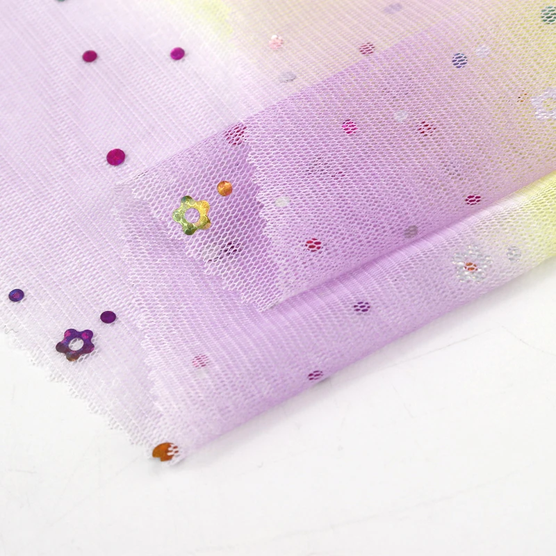 
Factory wholesale rainbow striped small flower sequins clothing mesh fabric for children 
