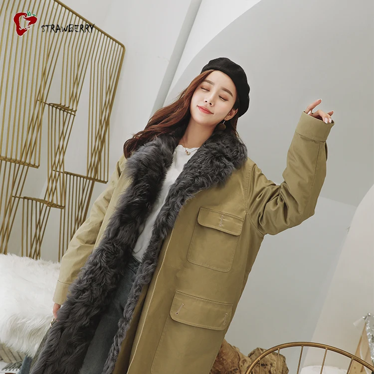 2018 Горячая Мода Длинные вьющиеся ягненка Шерсть Мех животных выстроились пальто женщина зима