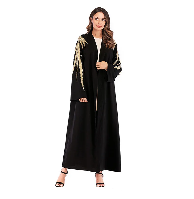 Quality in Stock Arabic Islamic Clothing Embroidery Big Free Size Front Closed Black Abaya