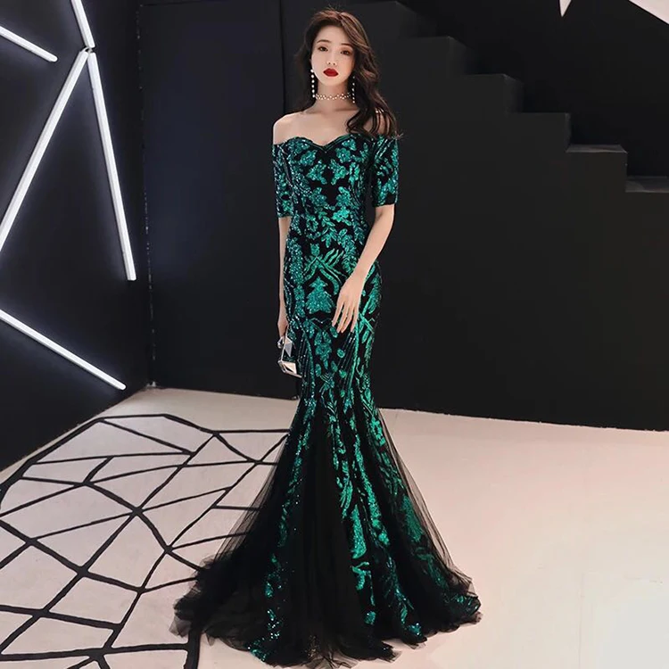 16036#2019 New Sequined Mermaid Evening Dresses Long Sleeve Arabic Formal Prom Gowns ladies laces dress for beauty contest
