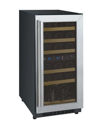 
built in mini wooden shelves wine cooler fridge 