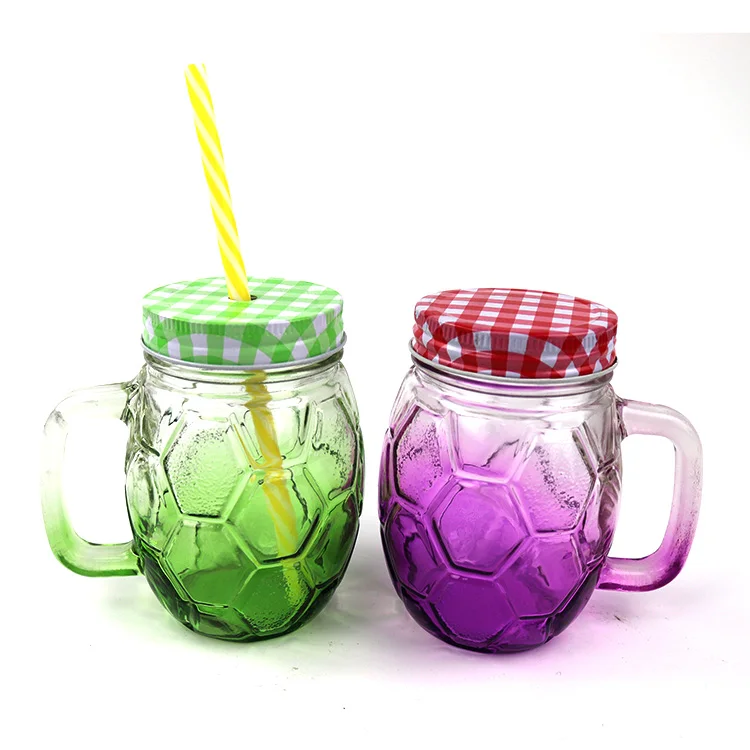 
500ml Football Shape Customization Colour Juice Glass Bottle With Screw Lid With Straw 