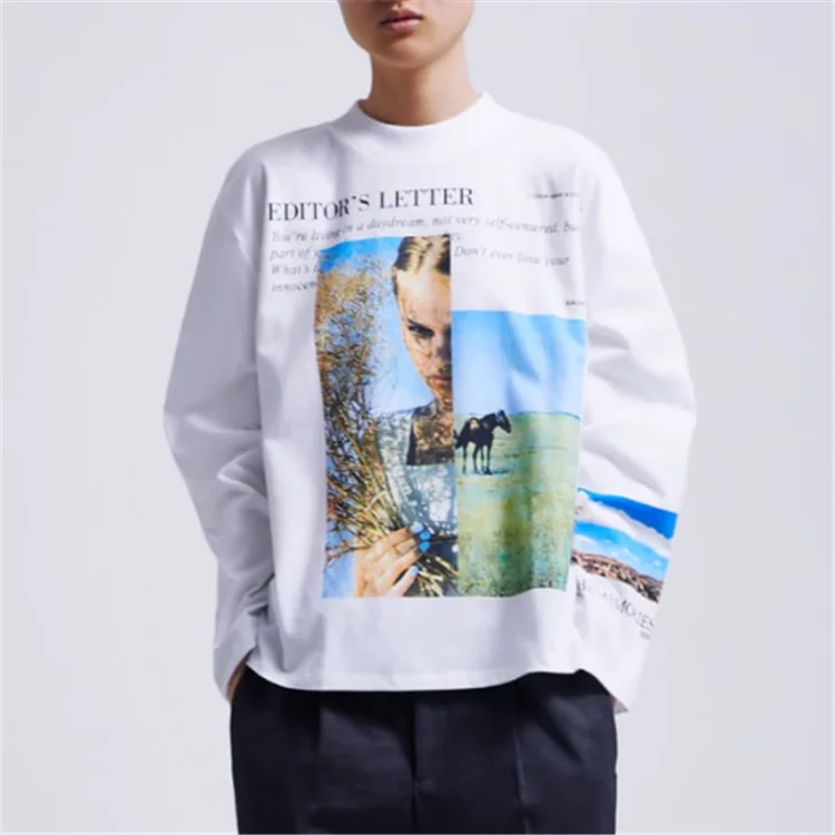 
Wholesale Printed Round Neck Long Sleeves women tops Ribbed hem plus size casual Women T-shirt 