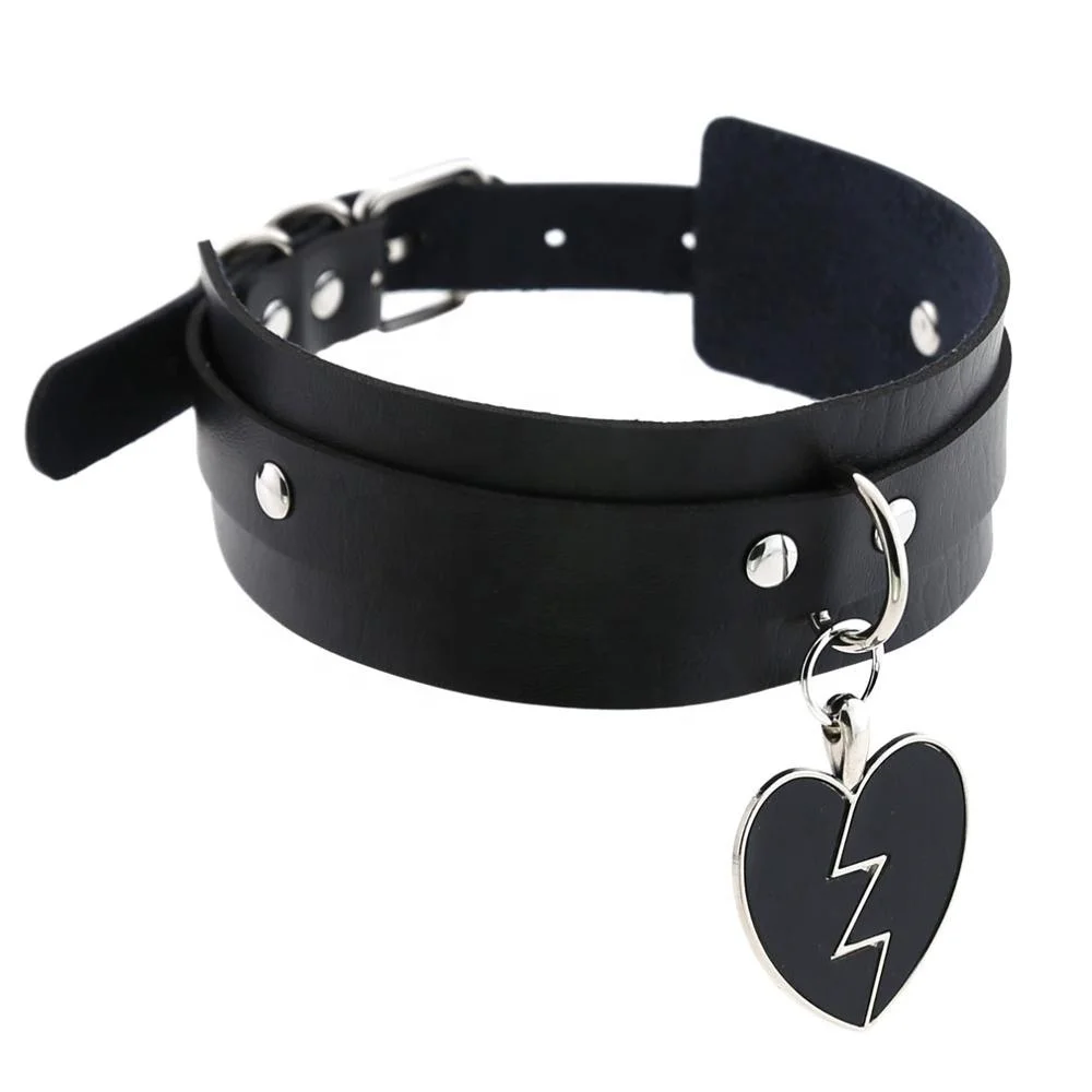 Harajuku PU Leather Choker Lightning Heart Collar Bondage Goth Punk Rock Sexy Heart-Broken Pendant Choker Necklace