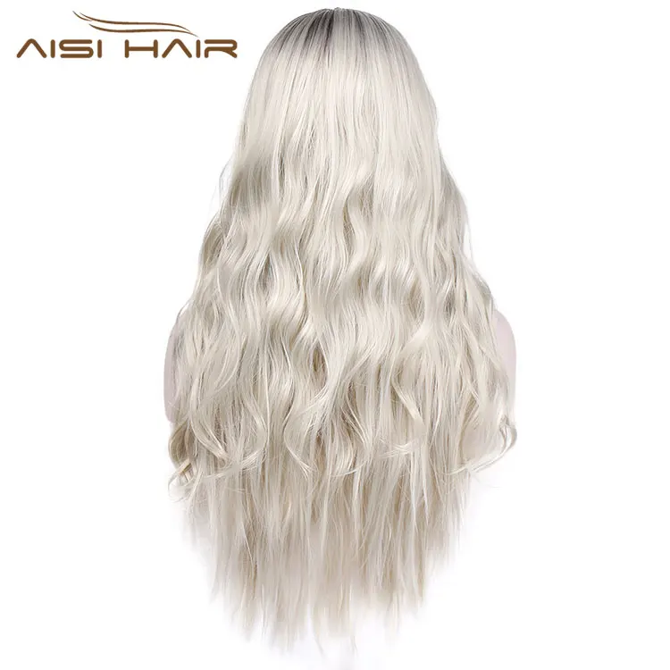 Aisi Hair Body Wave Long Wavy Hair Wigs Middle Part Dark Brown to Platinum Blonde Long Wigs Cosplay Wigs for Women