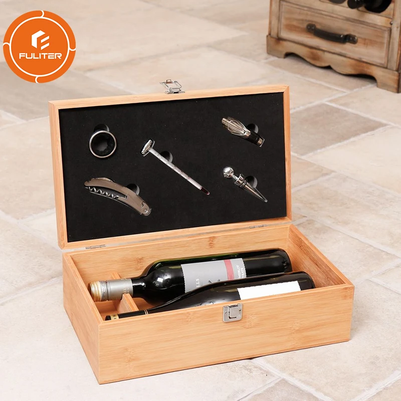 Custom Bamboo / Pinewood Wine Gift Box with Lock and Tools