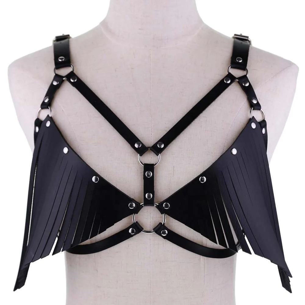 Sexy Womens Bikini Leather Harness Body Bra Punk Bondage Tassel Waist Belts