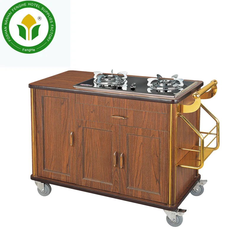 5 star equipments hotel wooden flambe cooking trolley