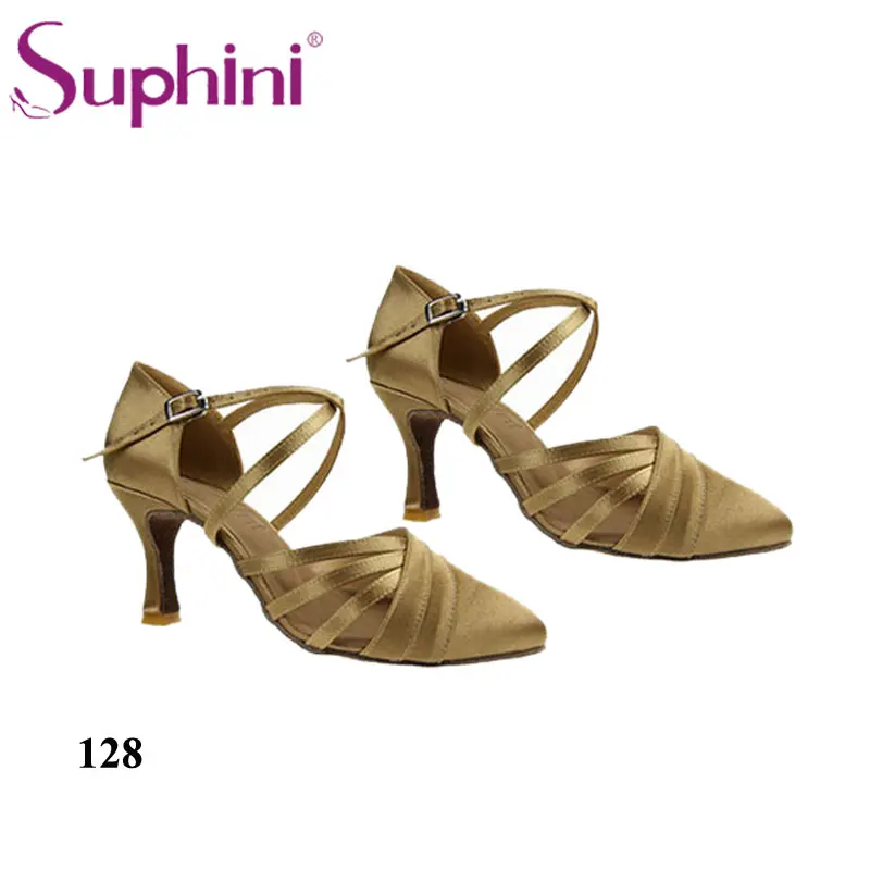 Suphini latin shoes ballroom standard closed toe tan color satin dance shoes