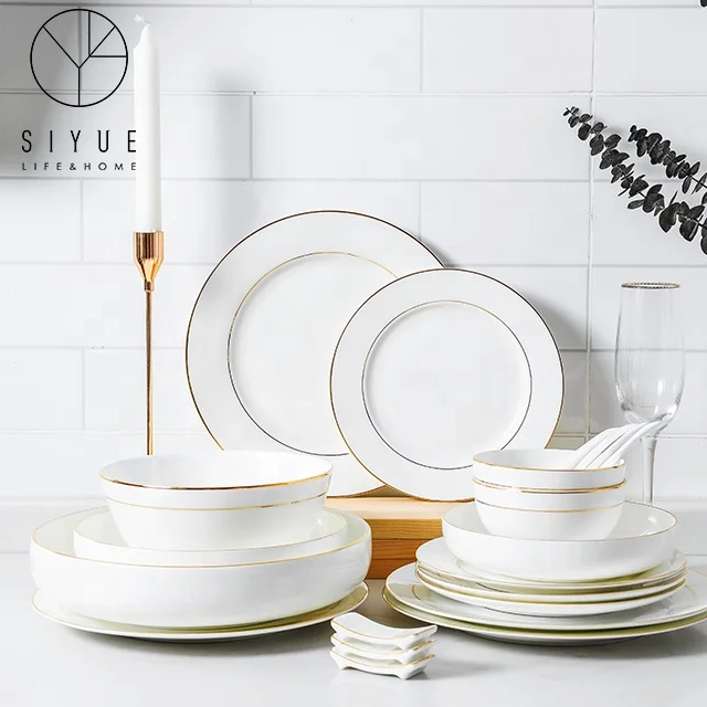 Porcelain Plates Nordic Kitchen Hotel Serving Charger Dish Luxury Round Bone China Plate Dinnerware Sets With Gold Rim 1080
