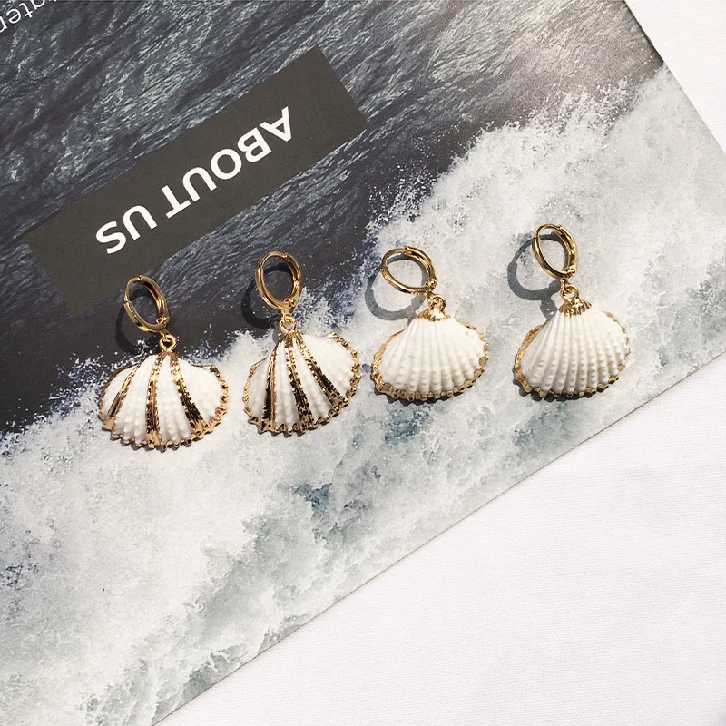gold plated natural cowrie sea shell huggie hoop earrings beach boho women earrings conch shell earrings