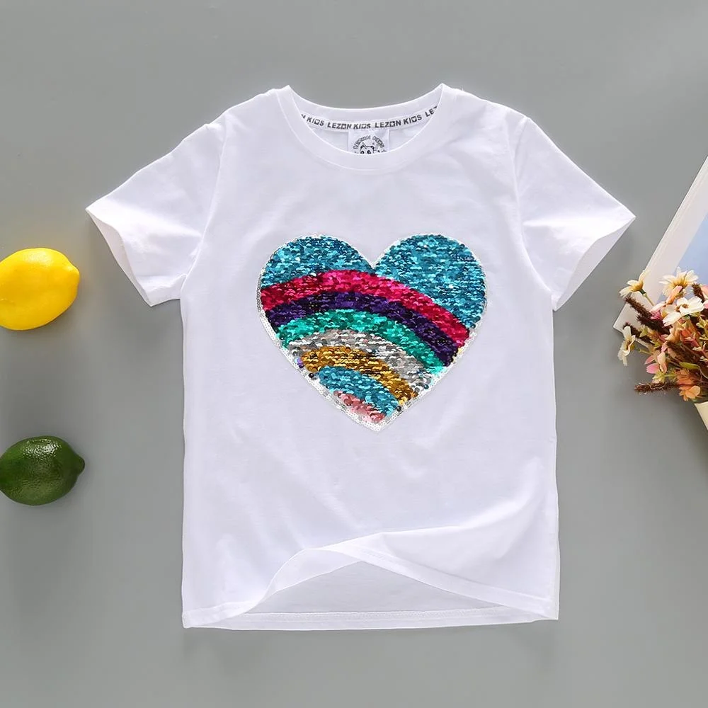 
Wholesale Girls Rainbow Heart Flip Sequin T shirt in White  (62084284889)