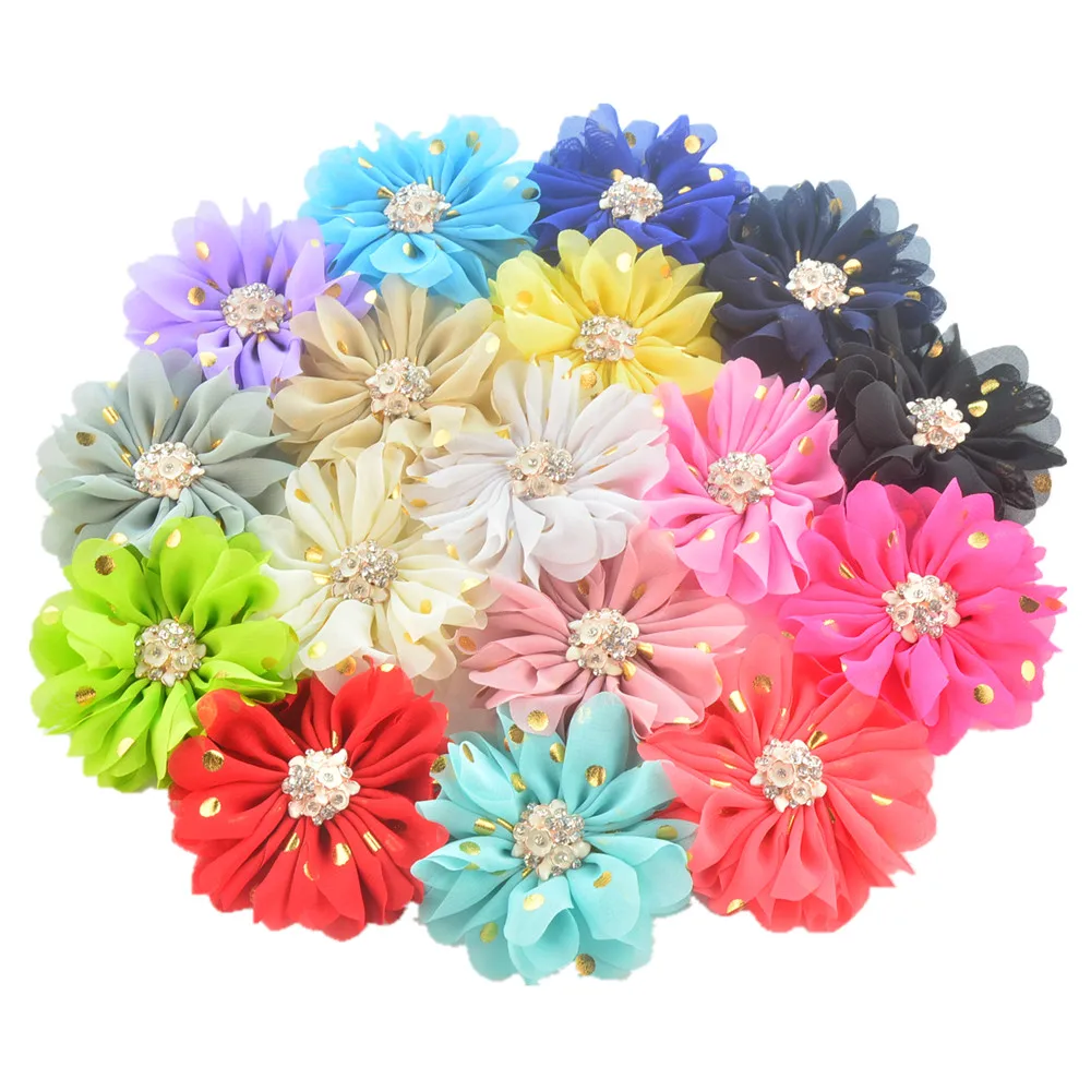 Hair Belt Fittings 8cm Golden Chiffon Ribbon Bit Flower New Hair Decoration 32 Colors