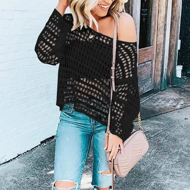 Fashion Women Long Sleeve Hollow Fishing Net Sunscreens Knitted Cover Up Crochet Sweater