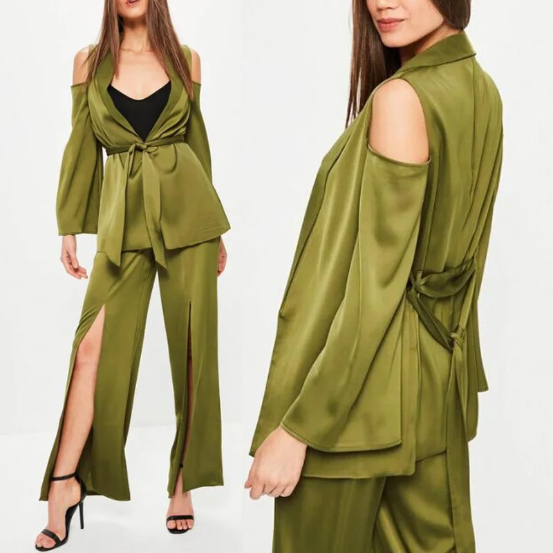 Women Clothing Shoulder Tie Waist Satin Blazer Green Tops And Pants Ladies Dresses Office