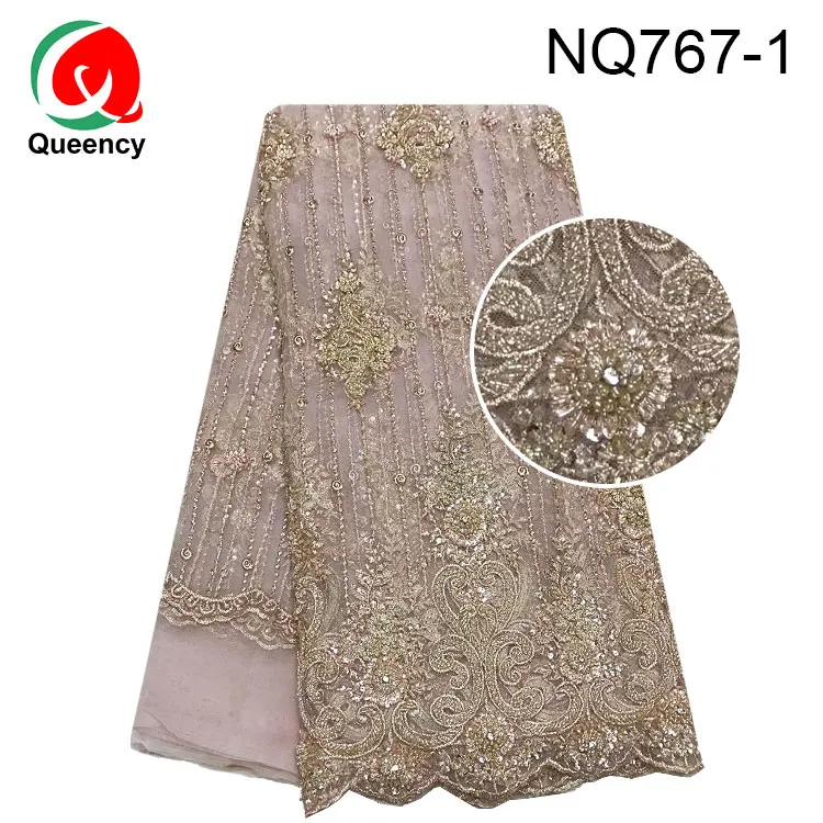 Queency New special hand made beads and stones french lace fabric for wedding and party bridal dress