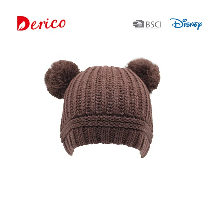 Fashion winter recycled fabric knitted kids beanie with bear pompon cute hat