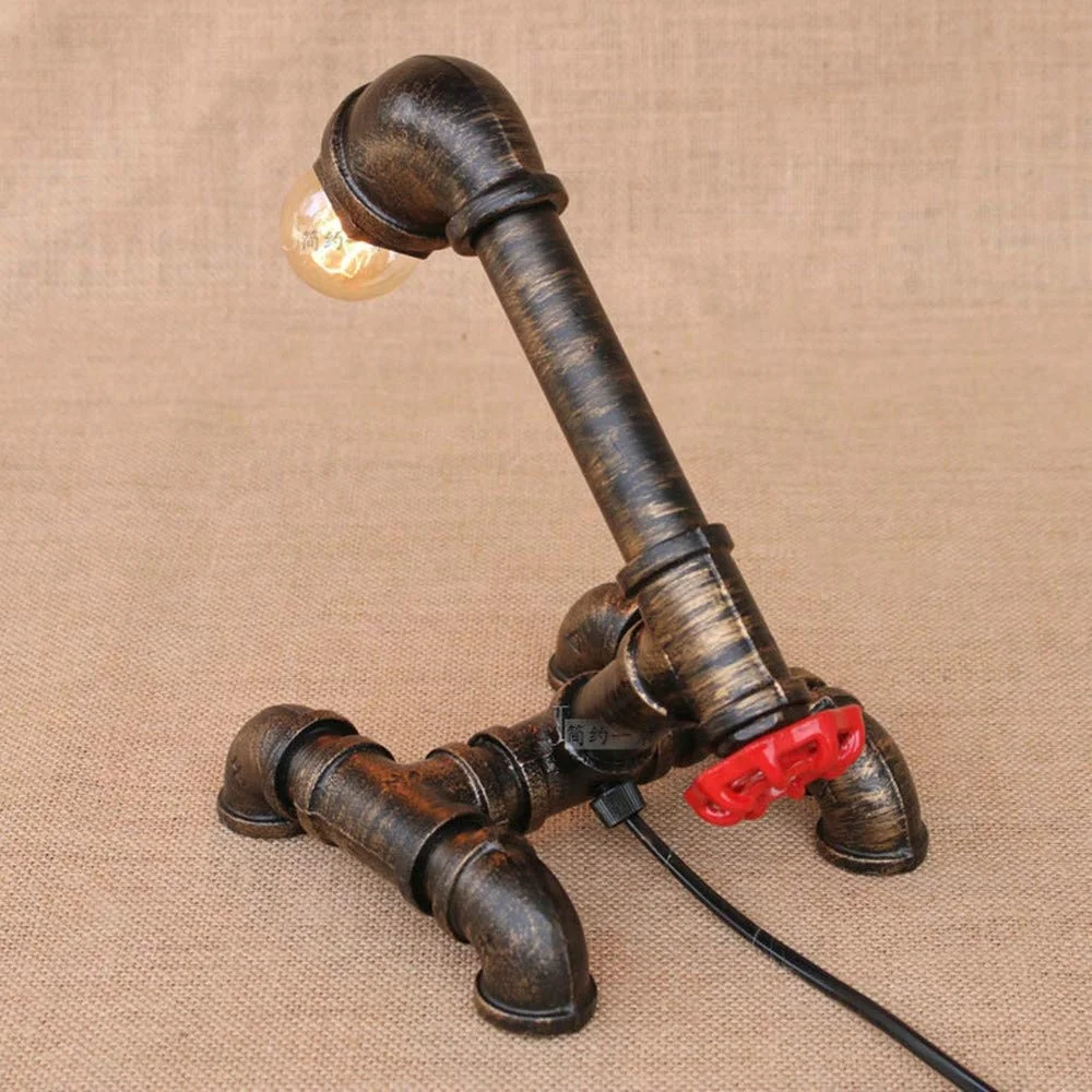 
Industrial Table Lamp Wrought Iron Water Pipe Light Home Decoration with Red Valve Handle Robot Desk Lamp for Restaurant 