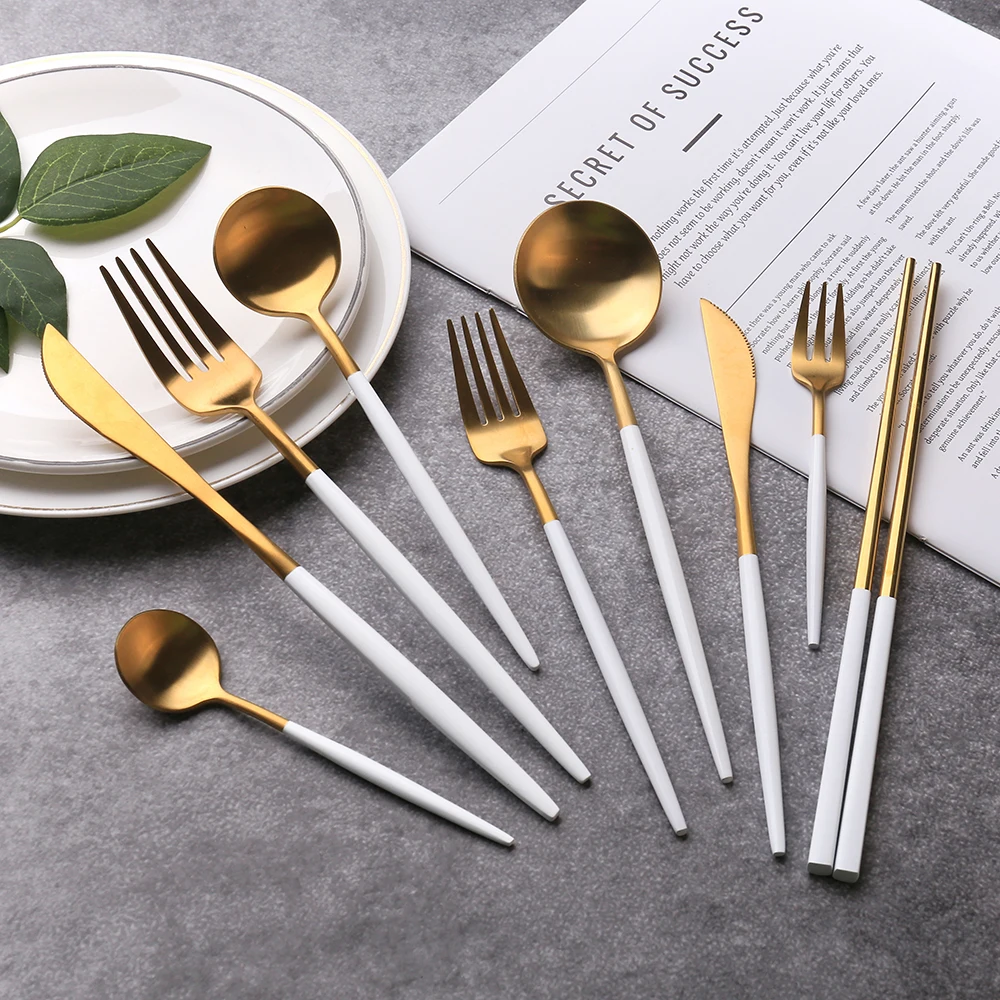 
High quality 304 stainless steel salad serving fork white gold flatware 