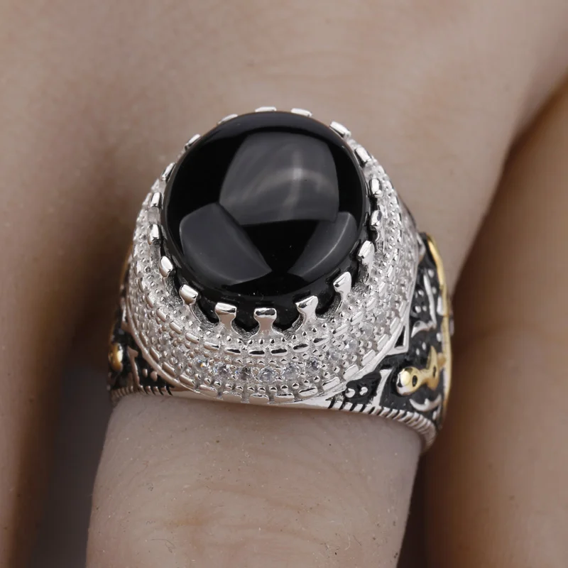 Silver Man 925 Sterling Vintage Two Tone Plated Signet Big Natural Black Agate Stone Finger Engraved Style Arabic Ring