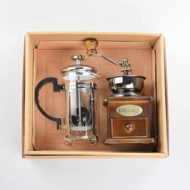 
Ecocoffee Coffee Press Packaging Gift Box one Glass Pot French Press + Coffee Manual Grinder for Family/Friends Gift 