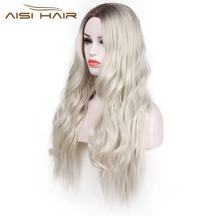 Aisi Hair Body Wave Long Wavy Hair Wigs Middle Part Dark Brown to Platinum Blonde Long Wigs Cosplay Wigs for Women