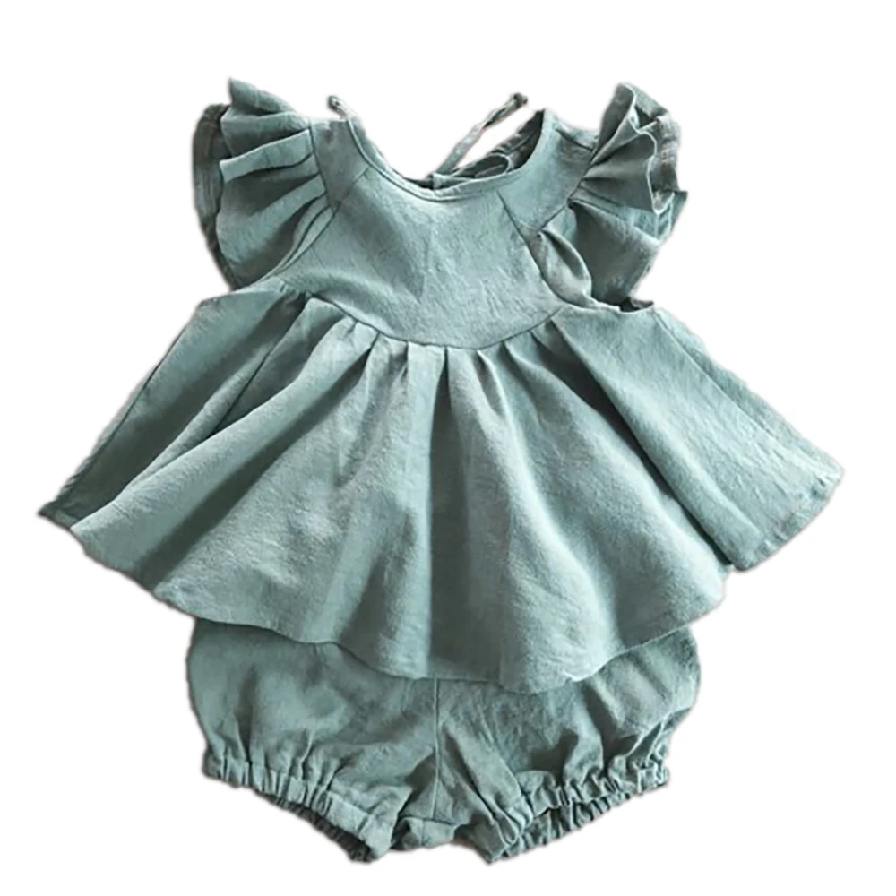 
Children Boutique Outfits 2-piece Baby Girl Linen Dress Top and Shorts Set Support OEM Wholesale In 2019 