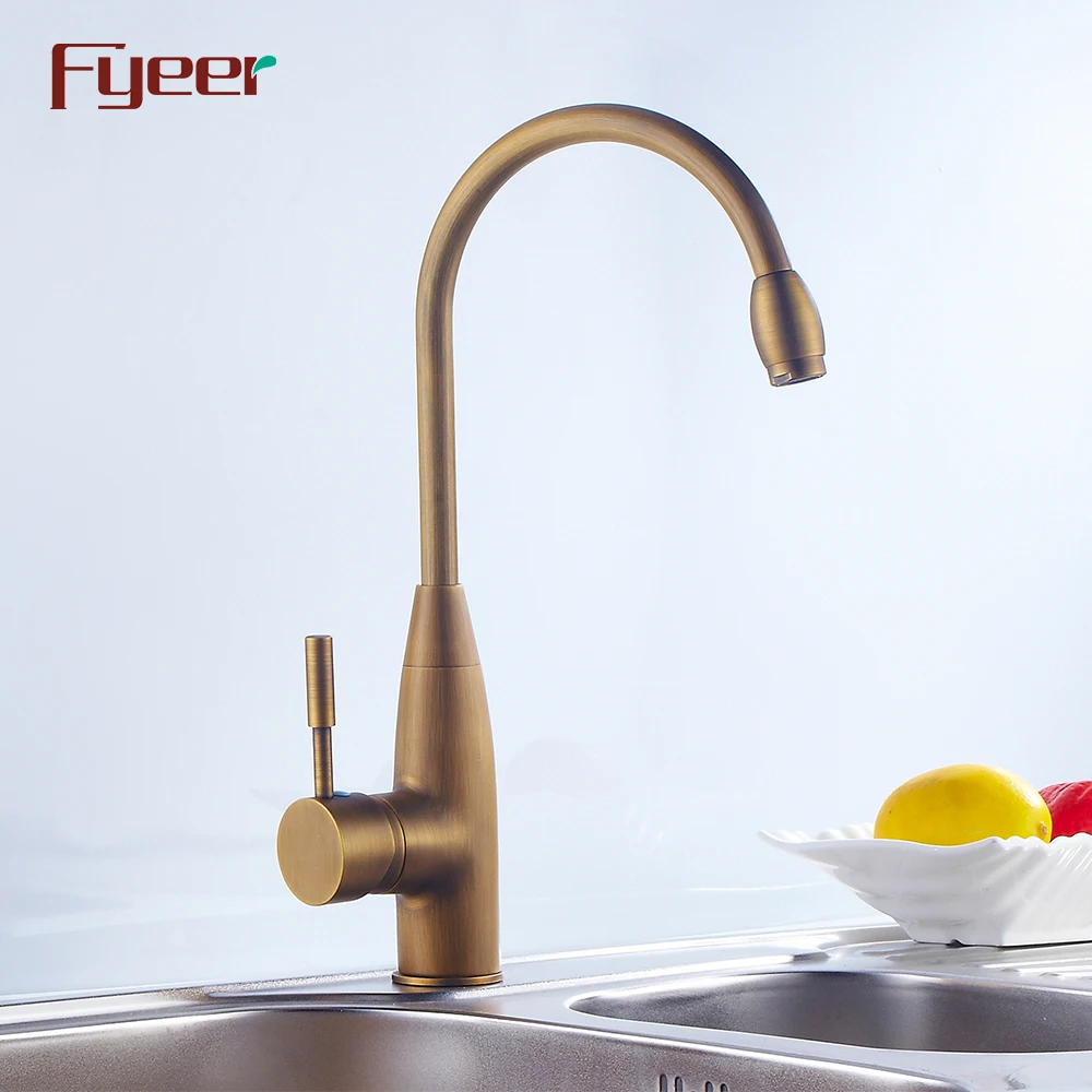 Fyeer Brass Body Ceramic Core Valve High Arc Antique Brass Kitchen Sink Faucet
