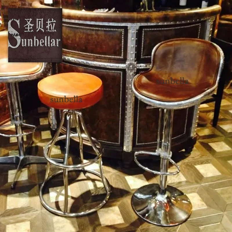 retro brown leather swivel bar stools chair aviation Aluminium finish genuine leather high bar chairs high end antique bar chair