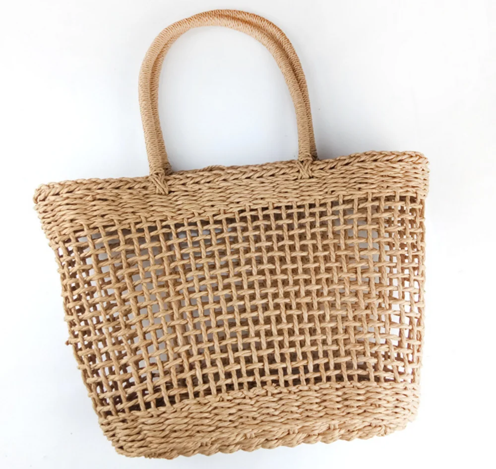 2023 factory hot sale European raffia beach tote bag, seaside beach mesh bag straw basket custom