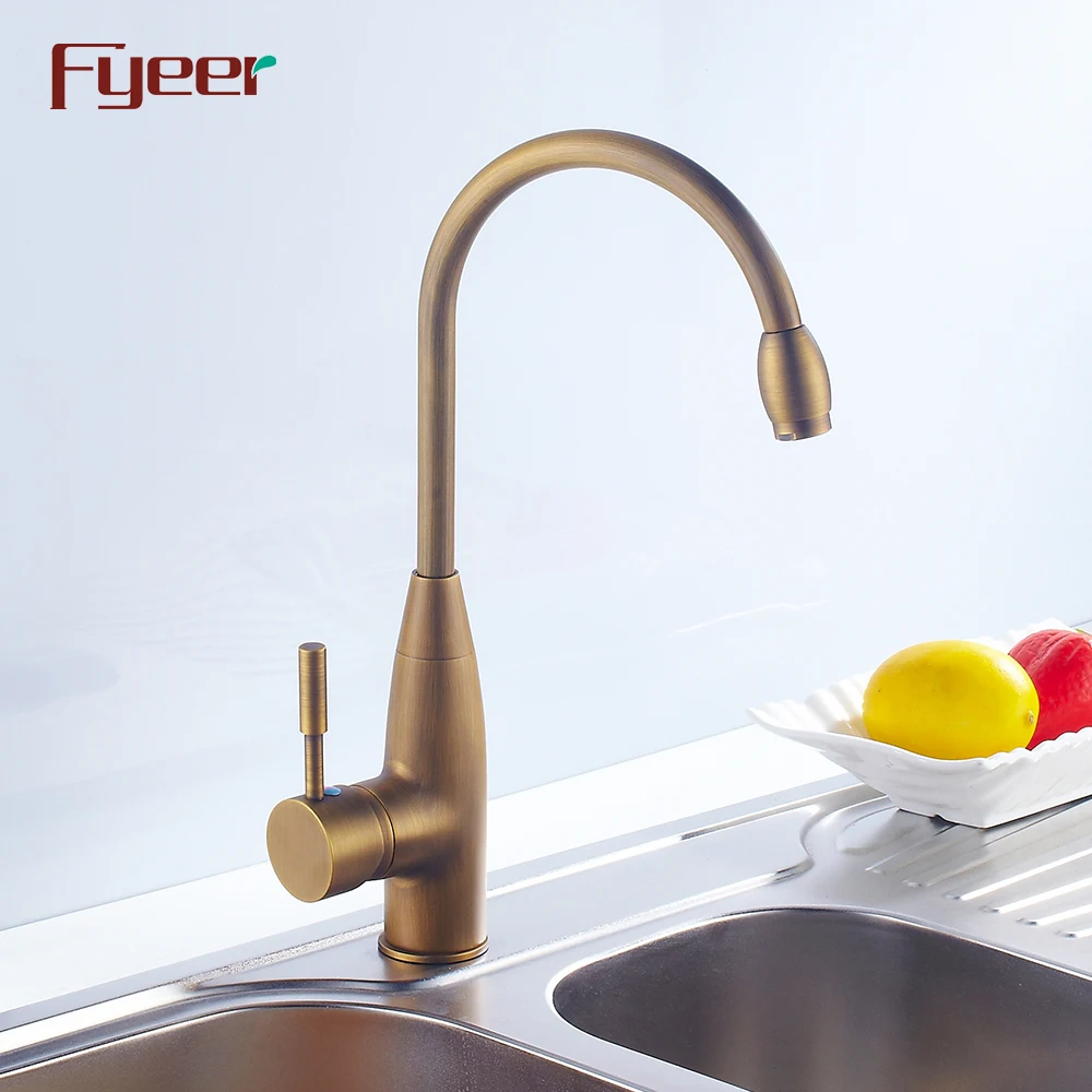 Fyeer Brass Body Ceramic Core Valve High Arc Antique Brass Kitchen Sink Faucet