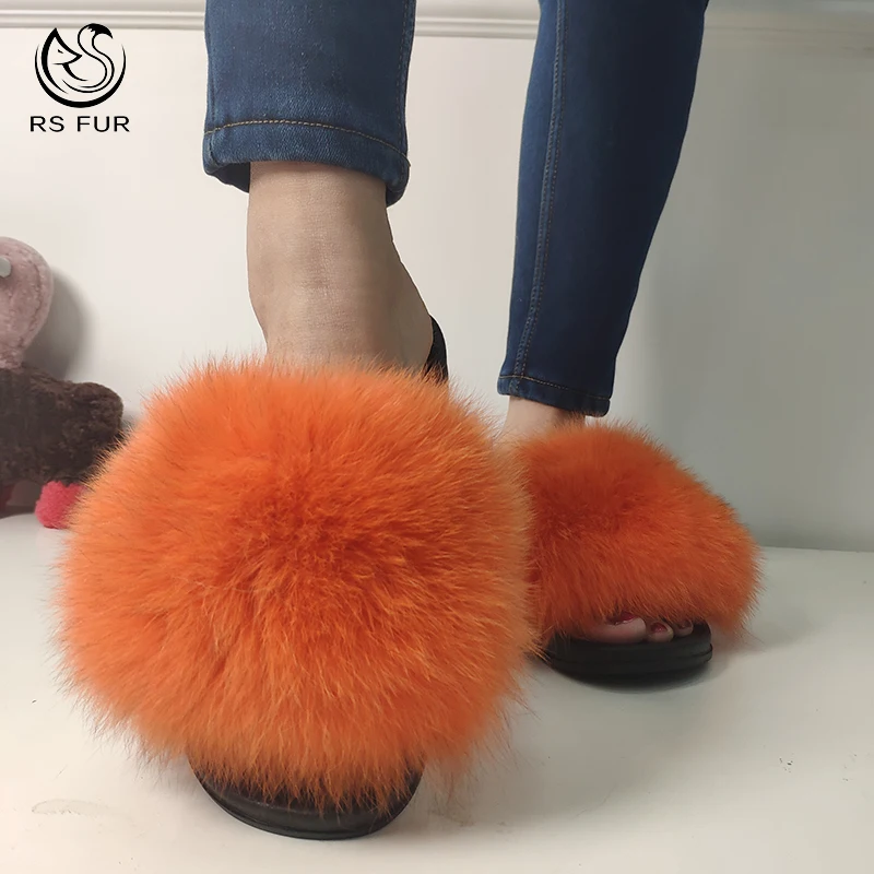 Cheap Wholesale Indoor Slipper Comfortable Custom Sandals Cruelty Free Black Fox Fur Slipper