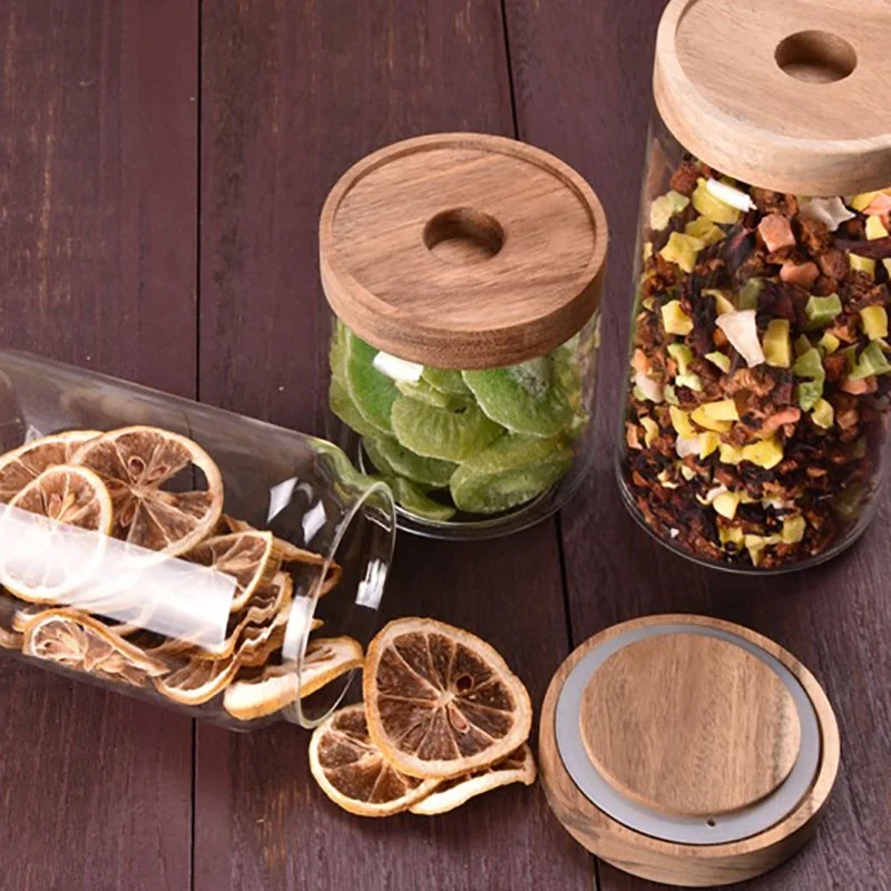 New Design 250ml Glass Jar with Sealed Acacia Wood Lid Food Container for Tea Honey Spice Grain Storage in Kitchen