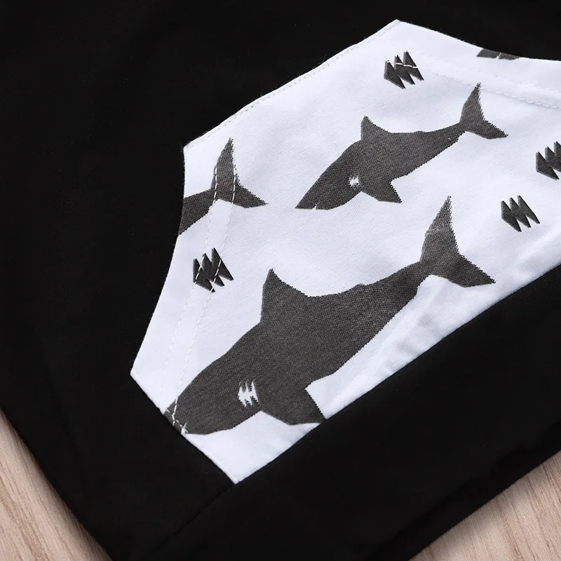 
2019 summer kids cotton shark print hoodies top tshirt & baby animal pp pants shorts 2pc set 