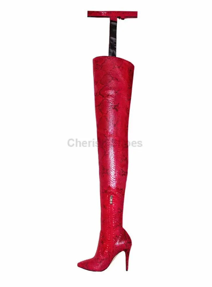 Sexy ladies red Python print stiletto heel thigh high boots wholesale Party Wear over knee pointed toe boots for women