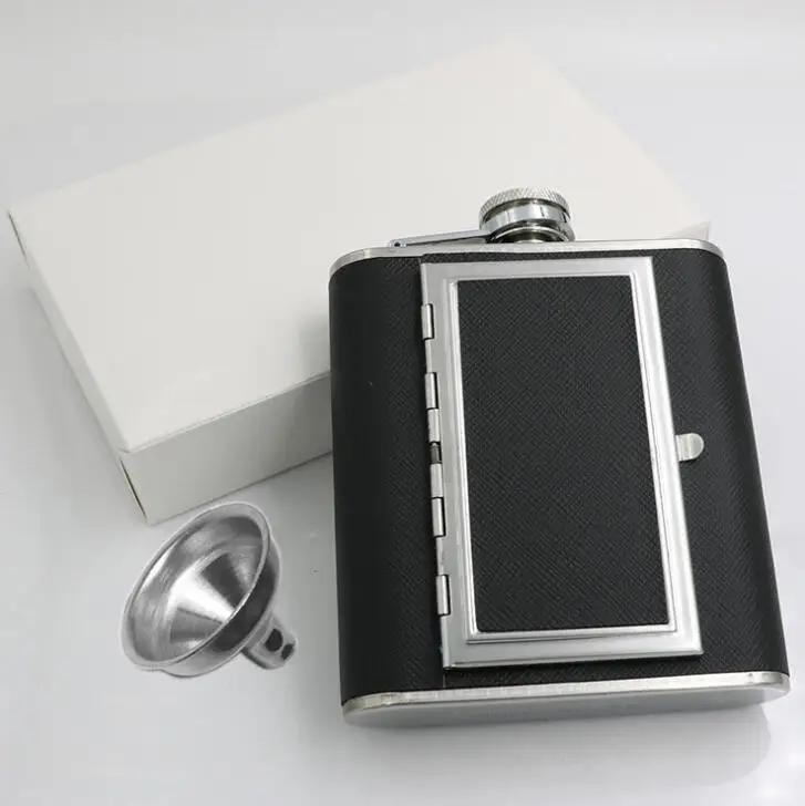 Leak-proof 6ounce Stainless Steel Hip Flask with Cigarette Case and Leather Wrapped Cover with Funnel