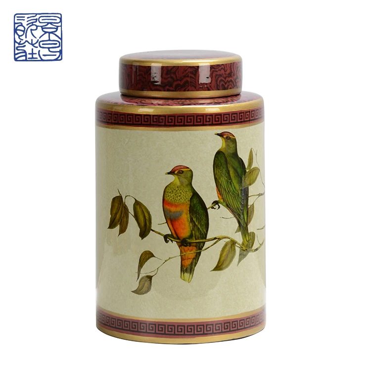 Low Price Painting Bird Pattern Ceramic Ginger Jar, Yellow Porcelain Temple Jar