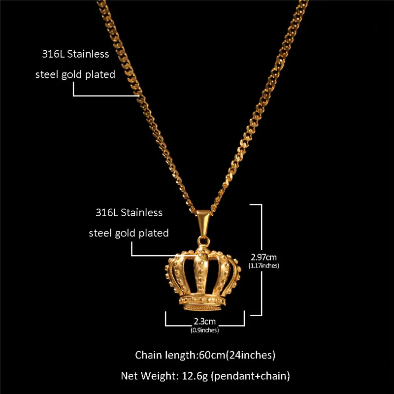 HipHop Stainless Steel Hollow Gold Plated Crown Pendant Necklace Chain for Men Women