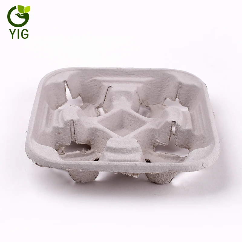 Four Cup Dry pressing molded pulp inner packaging paper carry coffee cup tray
