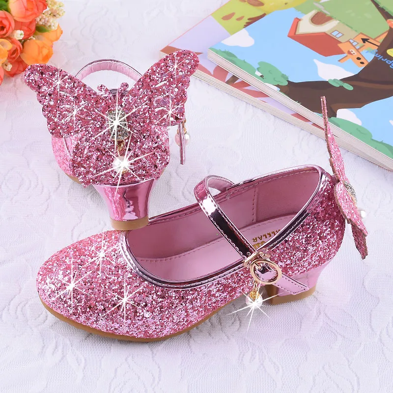 Модные детские кожаные туфли принцессы со стразами на высоком каблуке