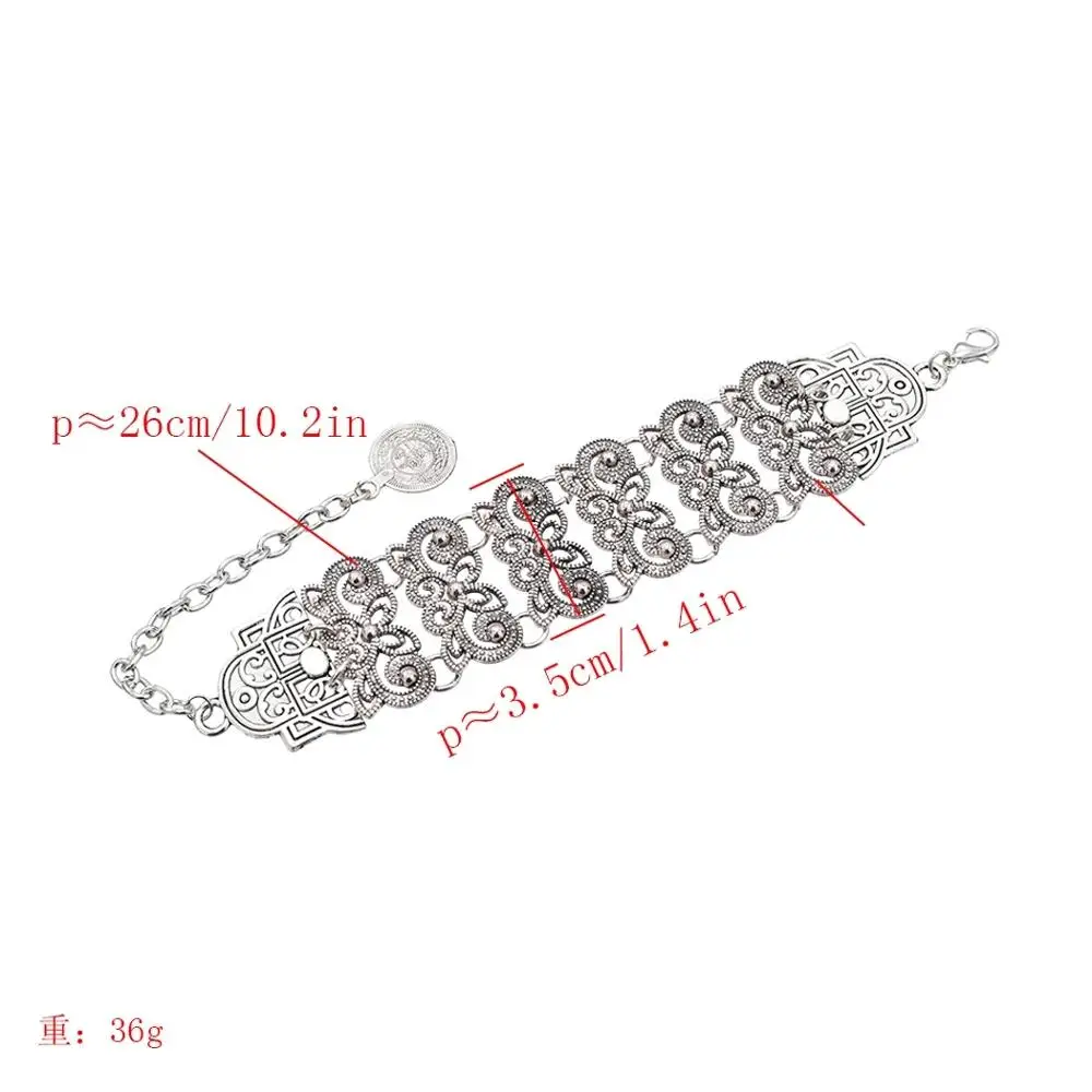 Retro Indian Ghungru Plated Silver Cuff Bracelet Bangle Egypt Carved Flower Hollow Coin Cuff Bracelet For Women Jewelry Design