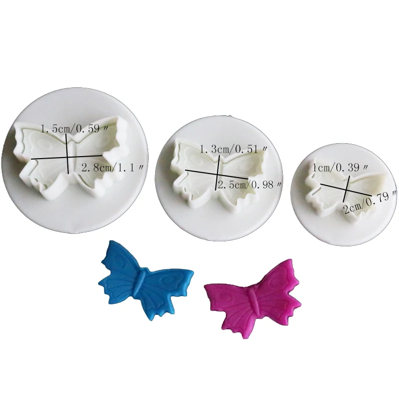 Yiwu bobao factory plastic novelty 3-piece cartoon butterfly shape biscuit pizza cake cookie spring press stamper plunger cutter
