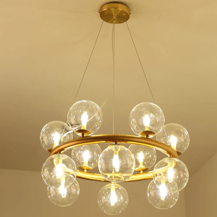 Wholesale Golden Iron Frame Golden Chandelier Modern Nordic Type CE Certificate Round Pendant Lamp with Glass Globes