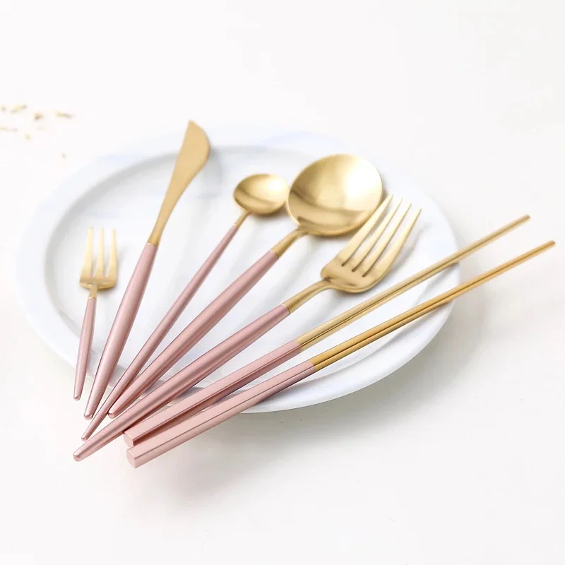 Portugal Pink Gold Flatware Knife Spoon Fork Chopsticks 304 Stainless Steel Wedding Dining Cutlery Set