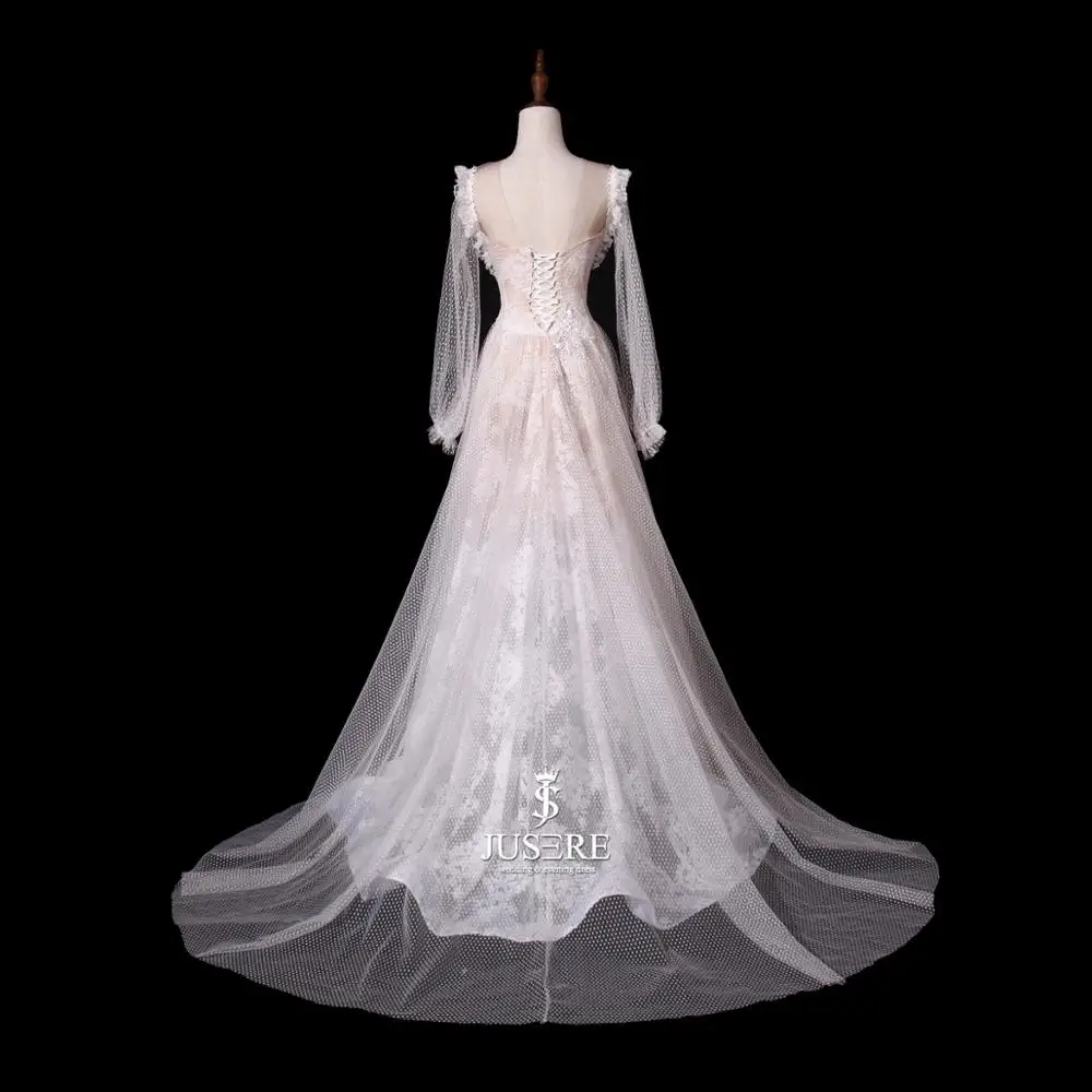 Lace up back bride dress Ivory wedding dress with sweep train A-Line long sleeves lace bride gown