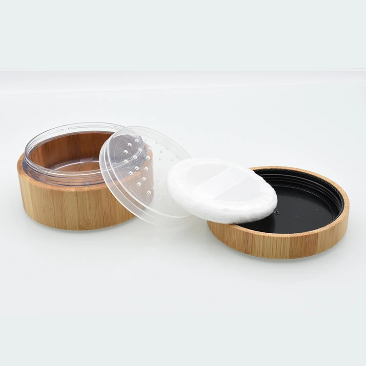 High Quality 1oz 30g 30 gram Elegant Empty Bamboo Cosmetic Powder Container 30g 30ml Bamboo Loose Powder Jar with Sifter and PAD