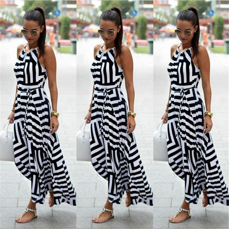 
Women Sexy Summer Dress Plus Size Dress Boho Striped Sleeveless ladies clothes Maxi Long Beach Style Strap white dress 